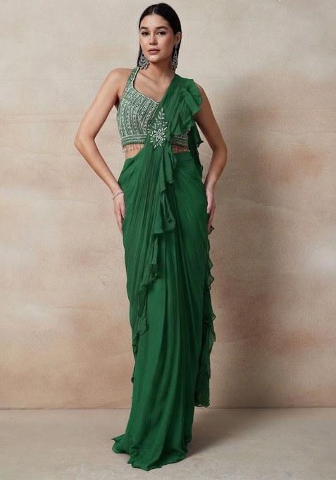 Green Embellished Designer Pre Draped Saree Set