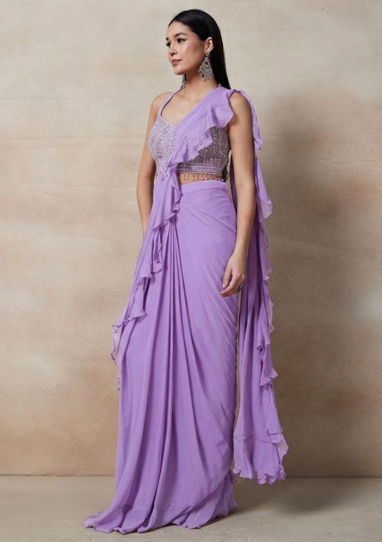 Lavender Embellished Designer Pre Draped Saree Set - Indya