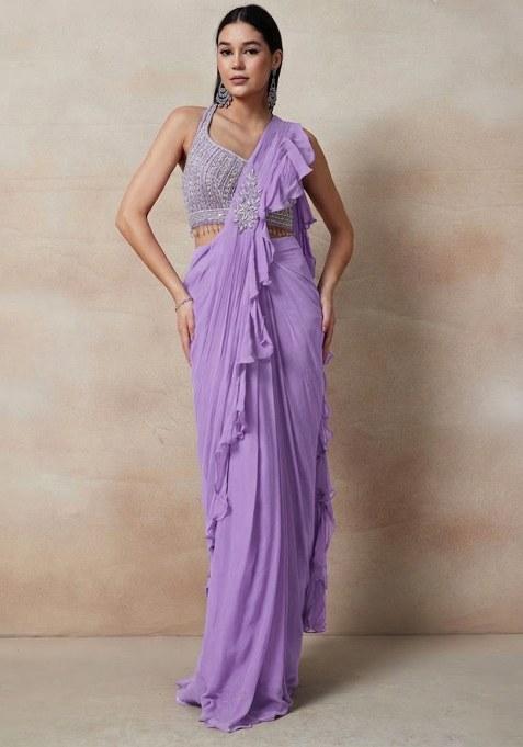 Lavender Embellished Designer Pre Draped Saree Set