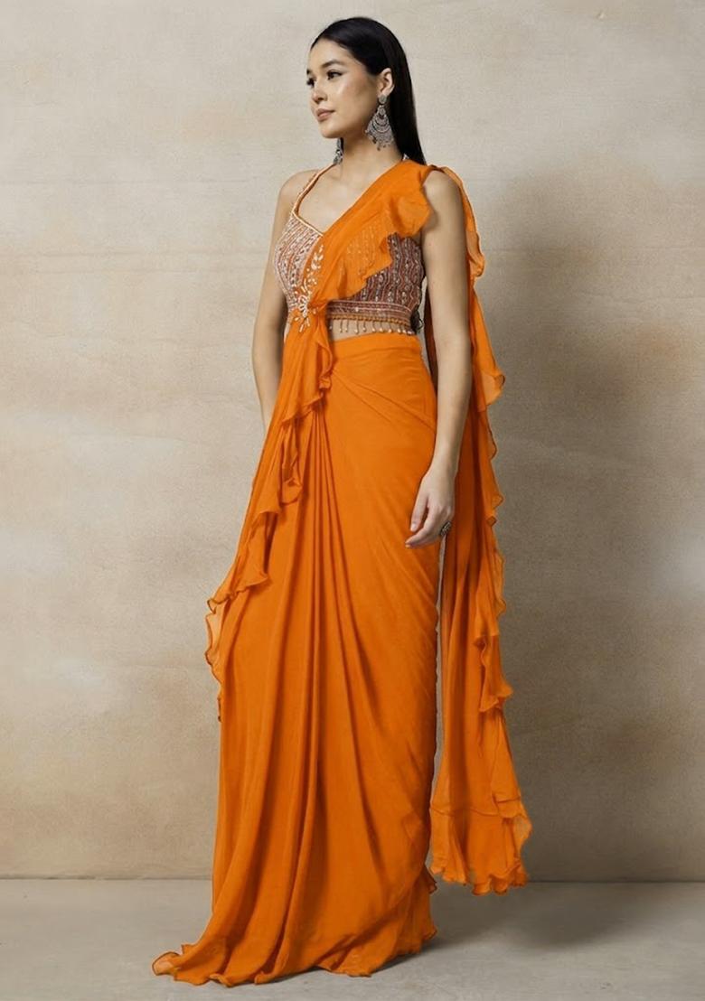 Orange Embellished Designer Pre Draped Saree Set - Indya