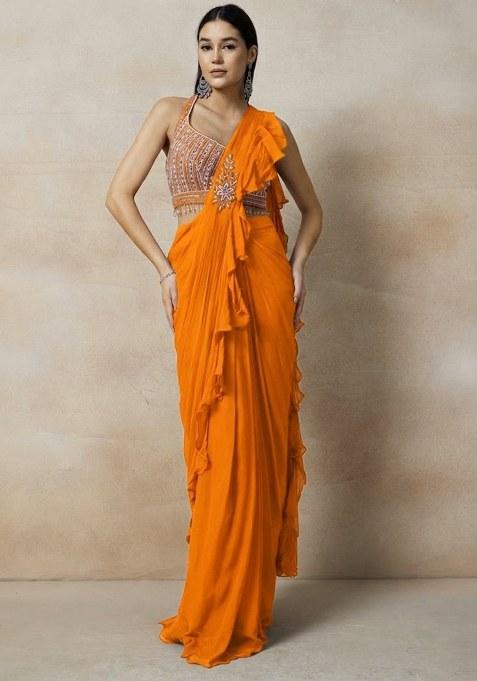Orange Embellished Designer Pre Draped Saree Set