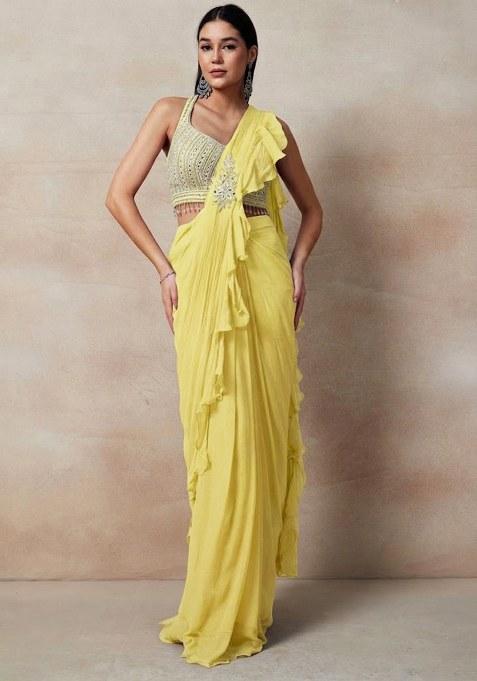 Yellow Embellished Designer Pre Draped Saree Set