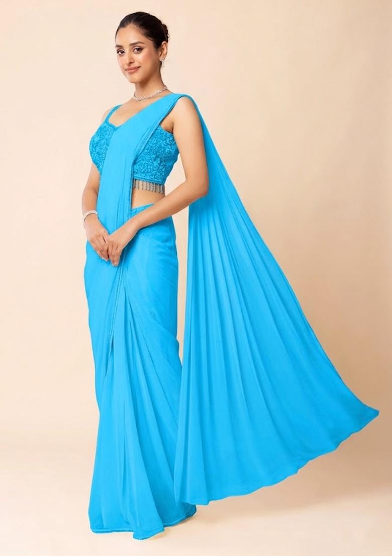 Blue Embroidered Designer Pre Draped Saree Set - Indya