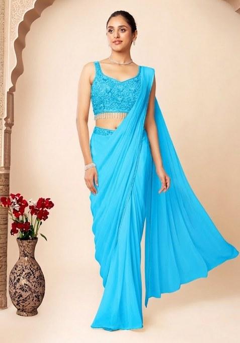Blue Embroidered Designer Pre Draped Saree Set
