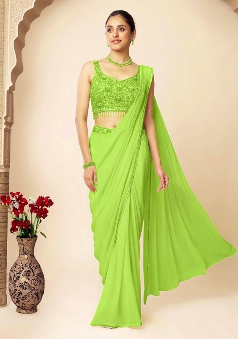 Green Embroidered Designer Pre Draped Saree Set - Indya