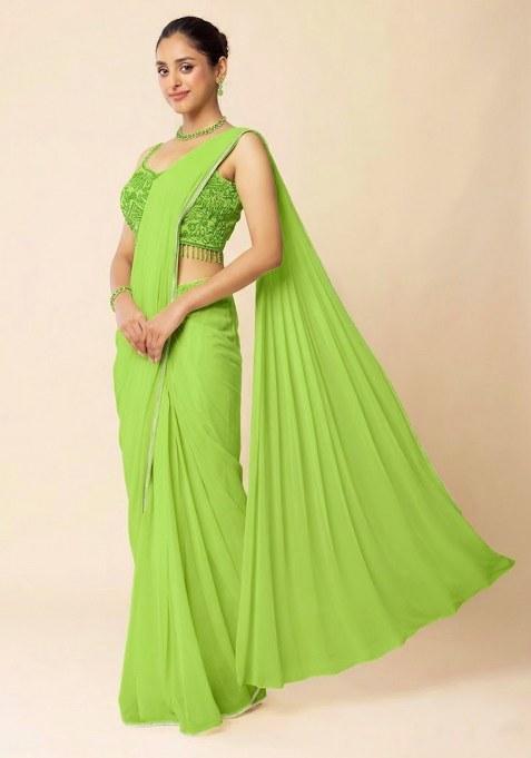 Green Embroidered Designer Pre Draped Saree Set