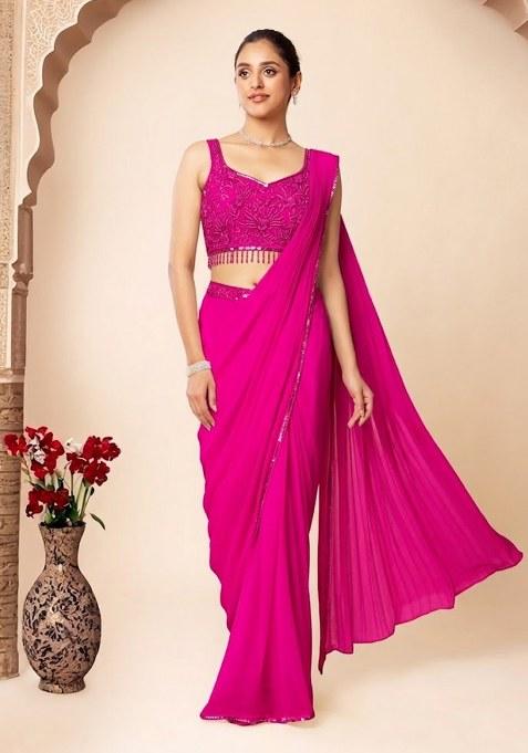 Pink Embroidered Designer Pre Draped Saree Set
