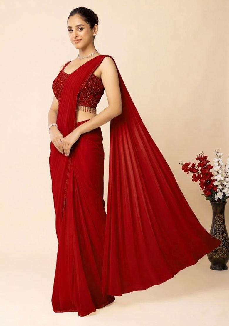 Red Embroidered Designer Pre Draped Saree Set - Indya