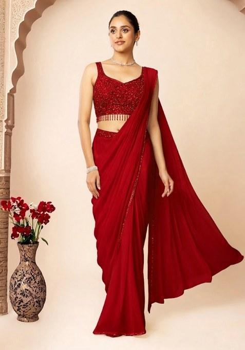 Red Embroidered Designer Pre Draped Saree Set