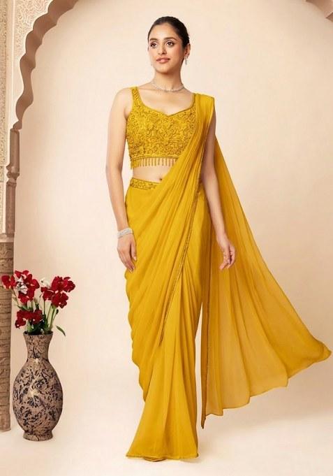 Yellow Embroidered Designer Pre Draped Saree Set
