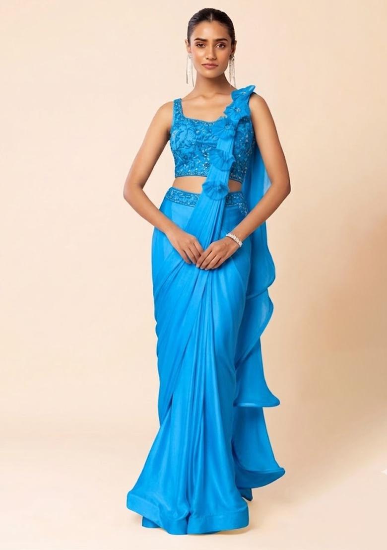 Blue Embroidered Designer Pre Draped Saree Set - Indya