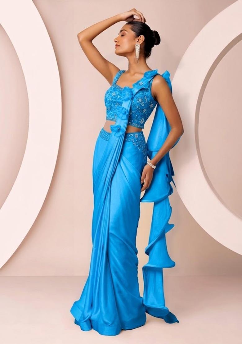 Blue Embroidered Designer Pre Draped Saree Set - Indya