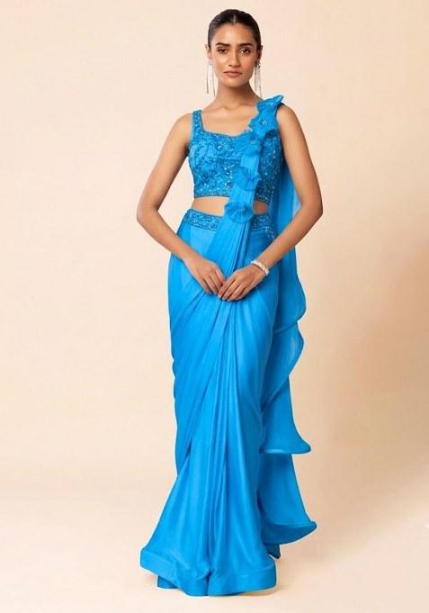 Blue Embroidered Designer Pre Draped Saree Set
