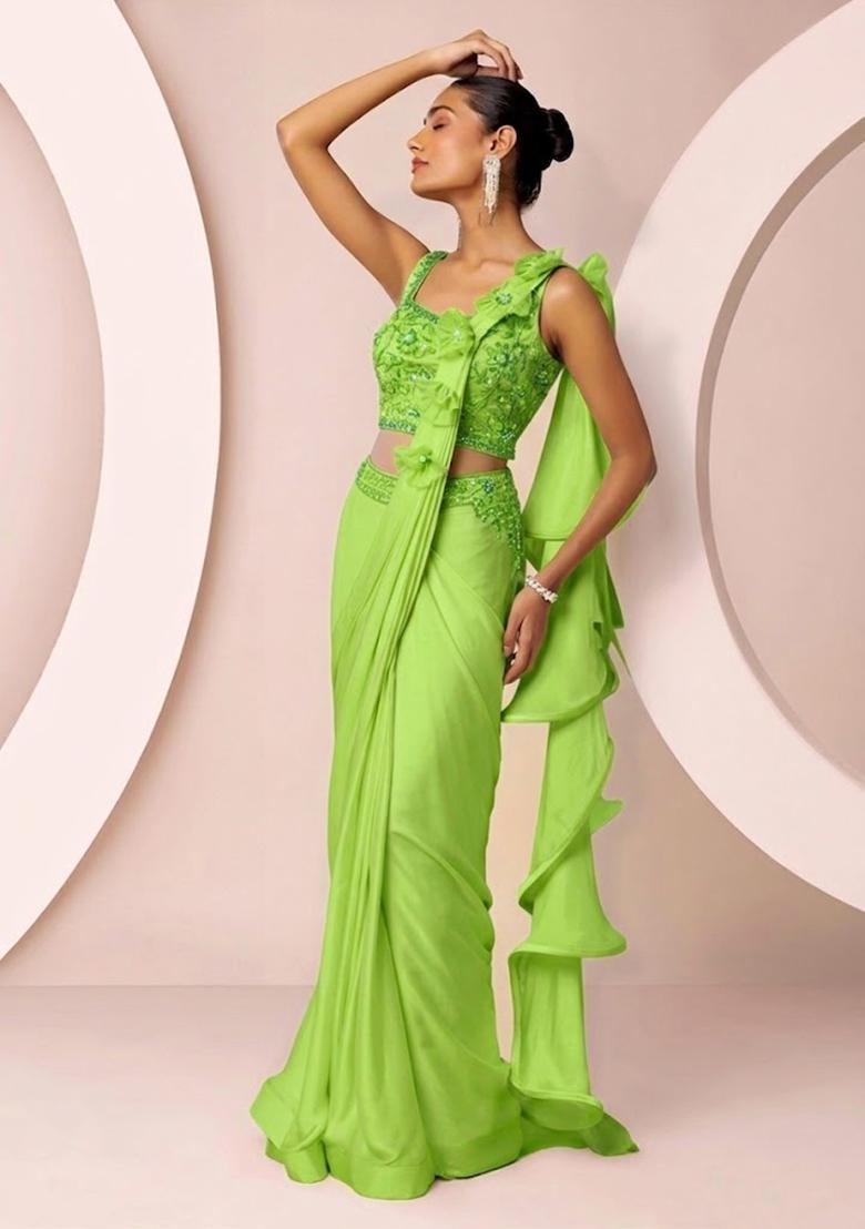 Green Embroidered Designer Pre Draped Saree Set - Indya