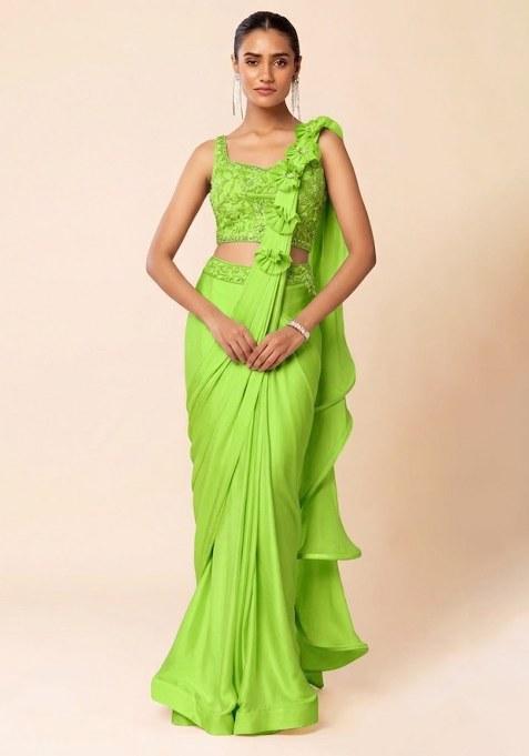 Green Embroidered Designer Pre Draped Saree Set