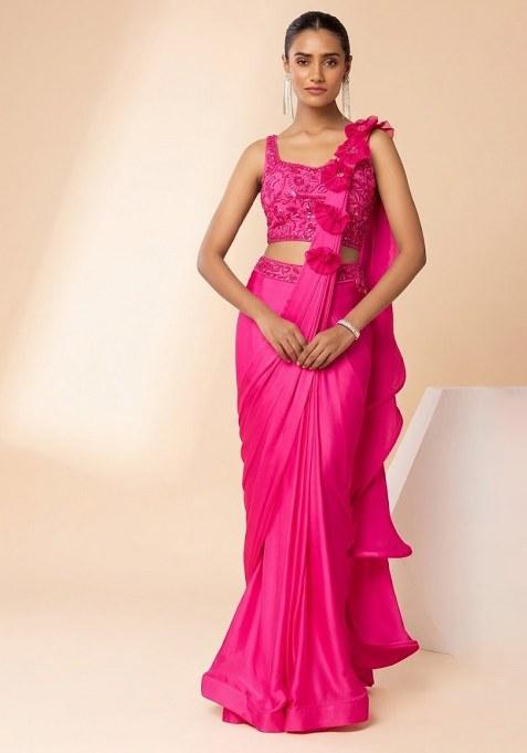 Pink Embroidered Designer Pre Draped Saree Set