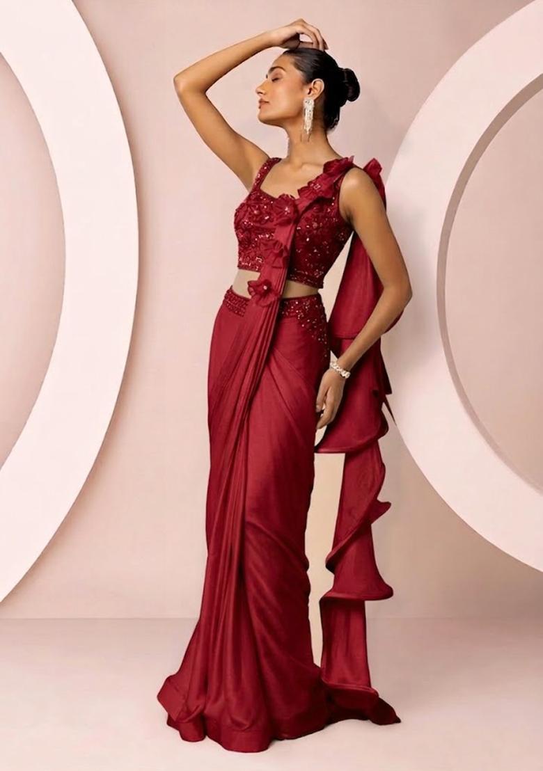Red Embroidered Designer Pre Draped Saree Set - Indya