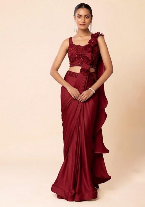 Red Embroidered Designer Pre Draped Saree Set