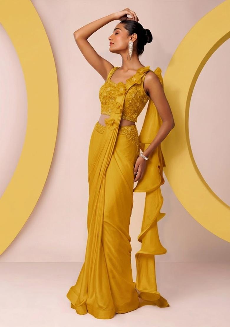 Yellow Embroidered Designer Pre Draped Saree Set - Indya