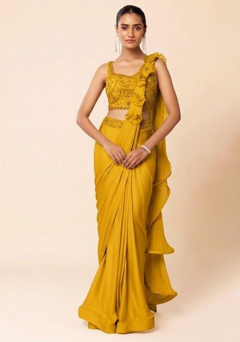 Yellow Embroidered Designer Pre Draped Saree Set