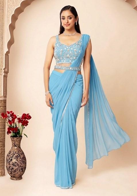 Blue Embellished Designer Pre Draped Saree Set