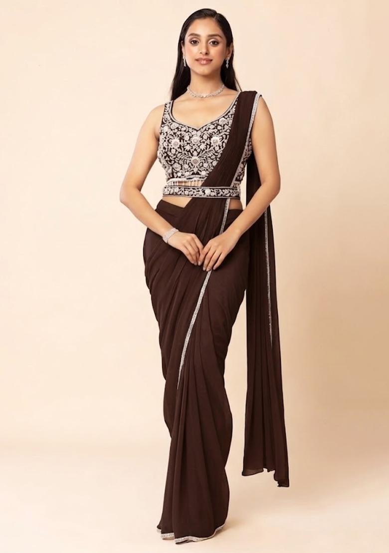 Brown Embellished Designer Pre Draped Saree Set - Indya
