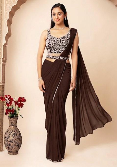 Brown Embellished Designer Pre Draped Saree Set