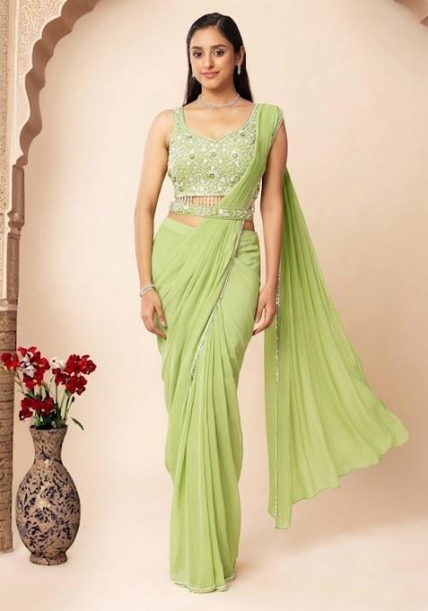 Green Embellished Designer Pre Draped Saree Set