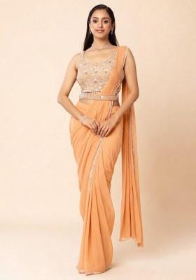 Orange Embellished Designer Pre Draped Saree Set