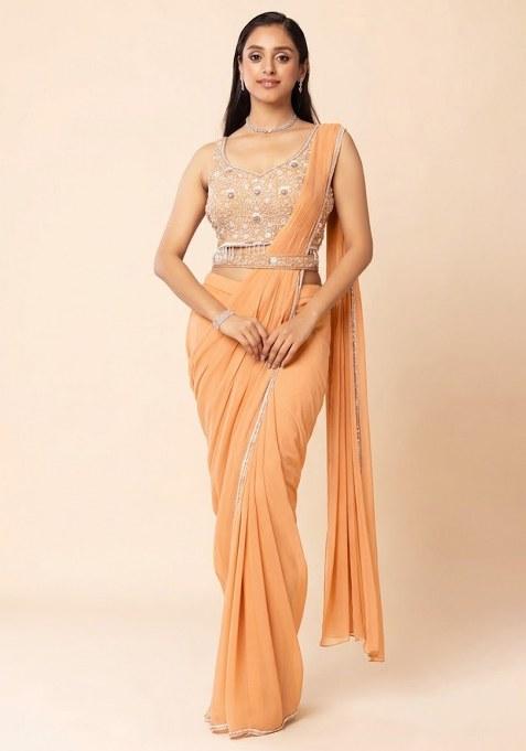 Orange Embellished Designer Pre Draped Saree Set