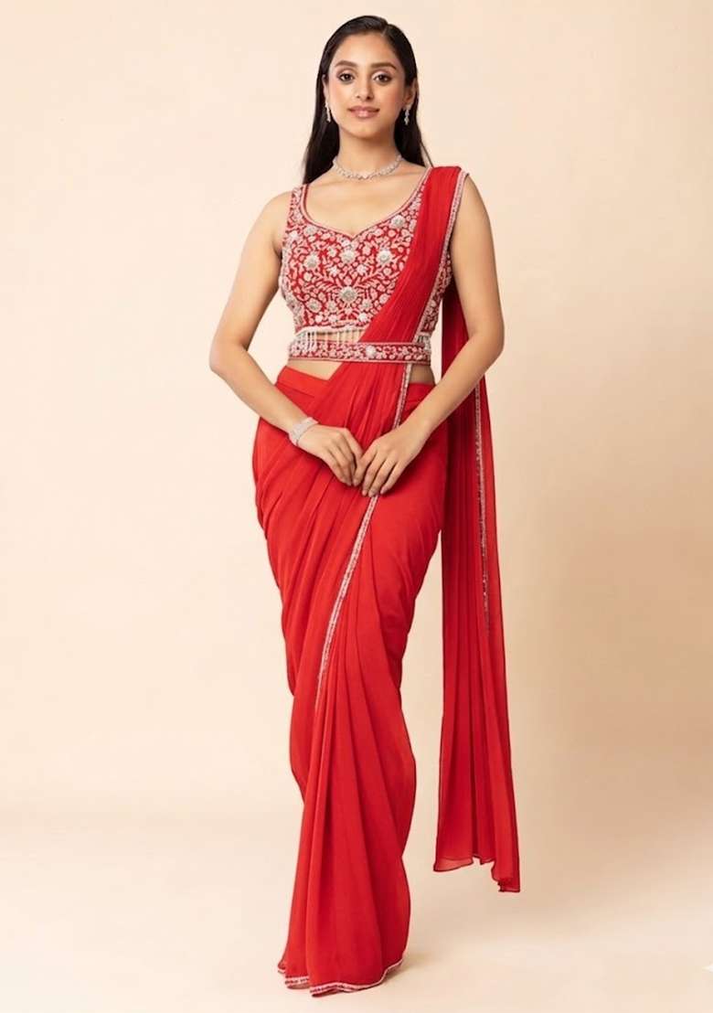 Red Embellished Designer Pre Draped Saree Set - Indya