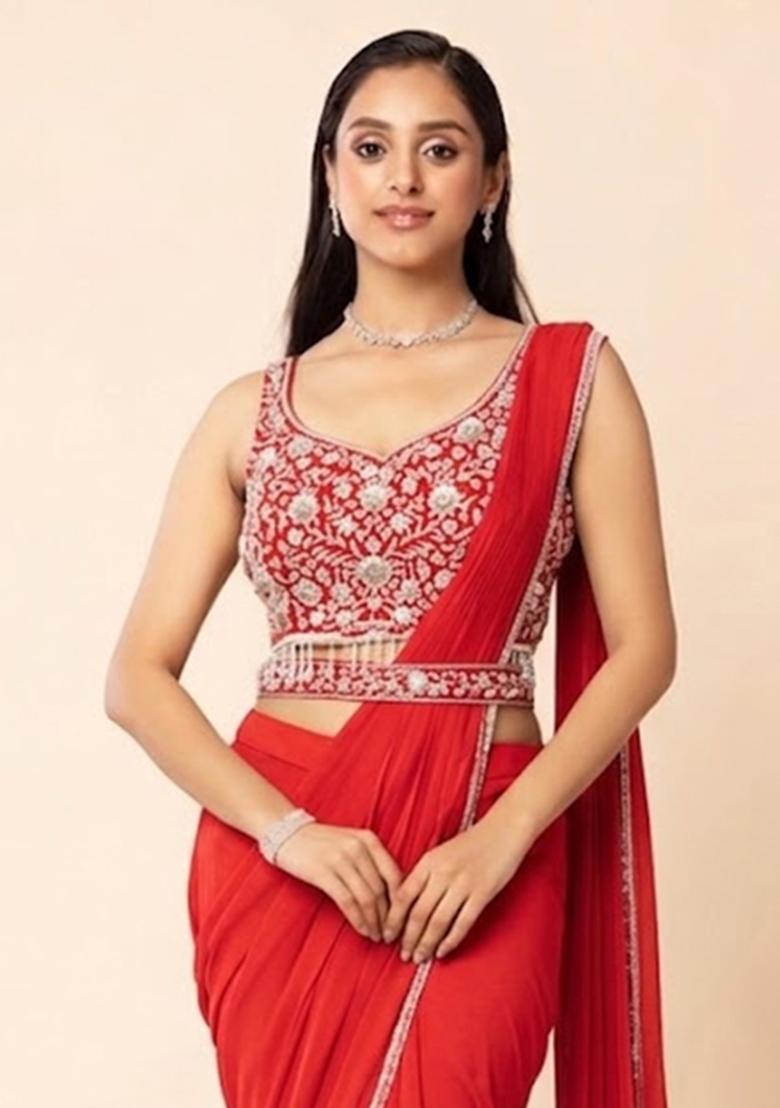 Red Embellished Designer Pre Draped Saree Set - Indya