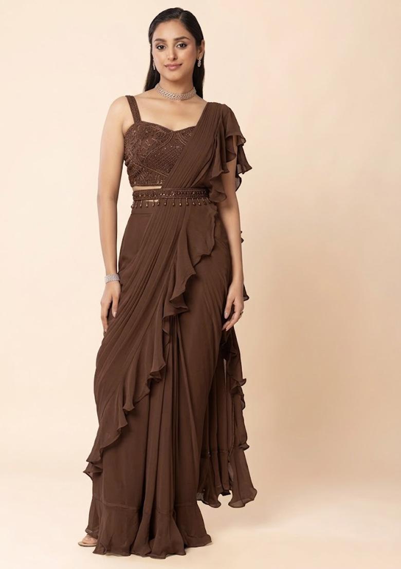 Brown Embellished Designer Pre Draped Saree Set - Indya