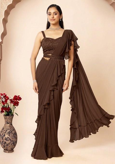 Brown Embellished Designer Pre Draped Saree Set