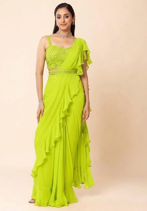Green Embellished Designer Pre Draped Saree Set