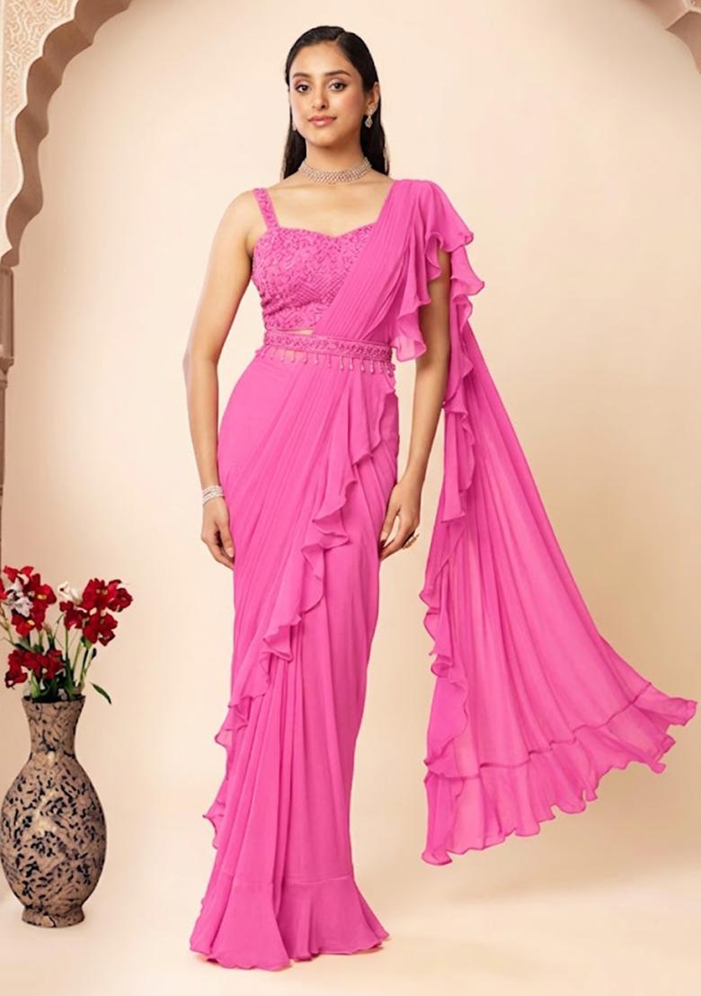 Pink Embellished Designer Pre Draped Saree Set - Indya