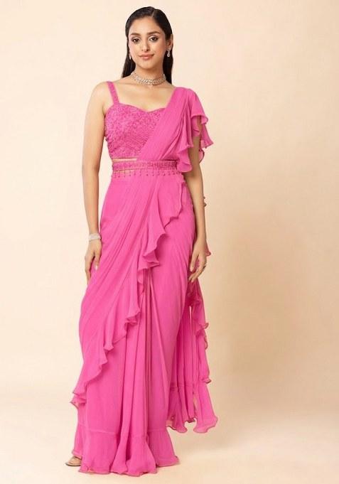 Pink Embellished Designer Pre Draped Saree Set