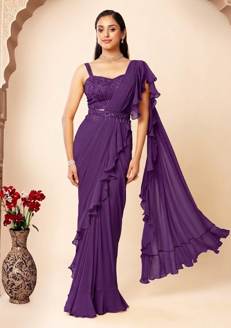 Purple Embellished Designer Pre Draped Saree Set - Indya