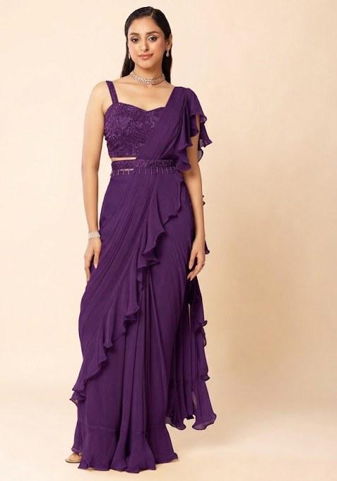 Purple Embellished Designer Pre Draped Saree Set