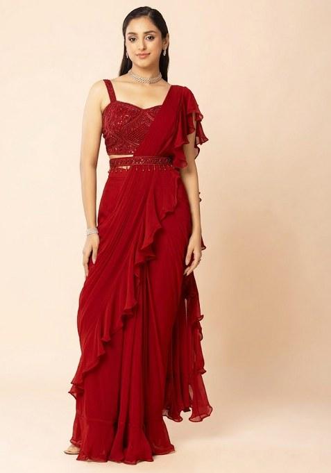 Red Embellished Designer Pre Draped Saree Set