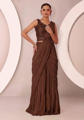 Brown Embroidered Designer Pre Draped Saree Set