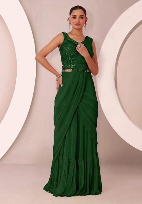 Green Embroidered Designer Pre Draped Saree Set