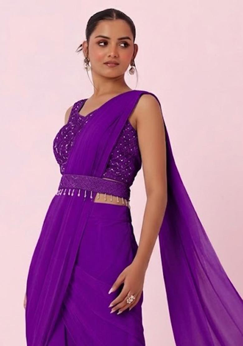 Purple Embroidered Designer Pre Draped Saree Set - Indya