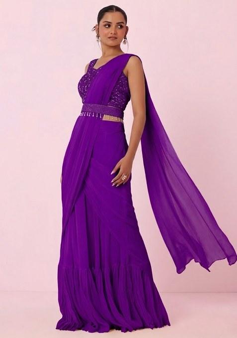 Purple Embroidered Designer Pre Draped Saree Set