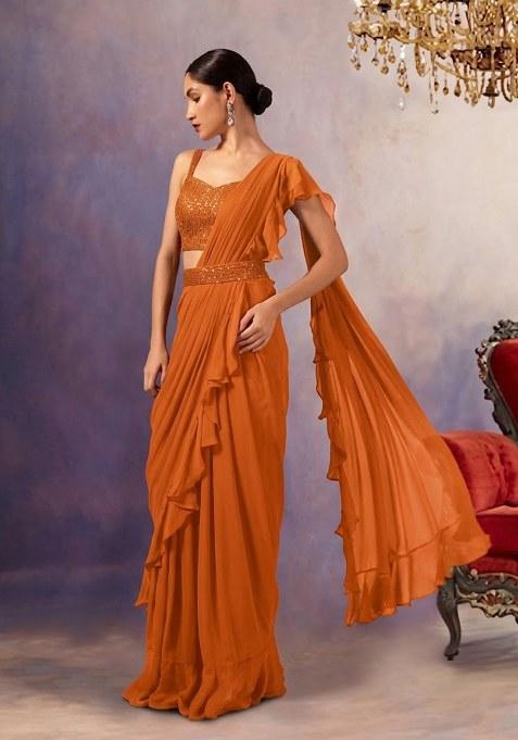 Orange Embroidered Designer Pre Draped Saree Set