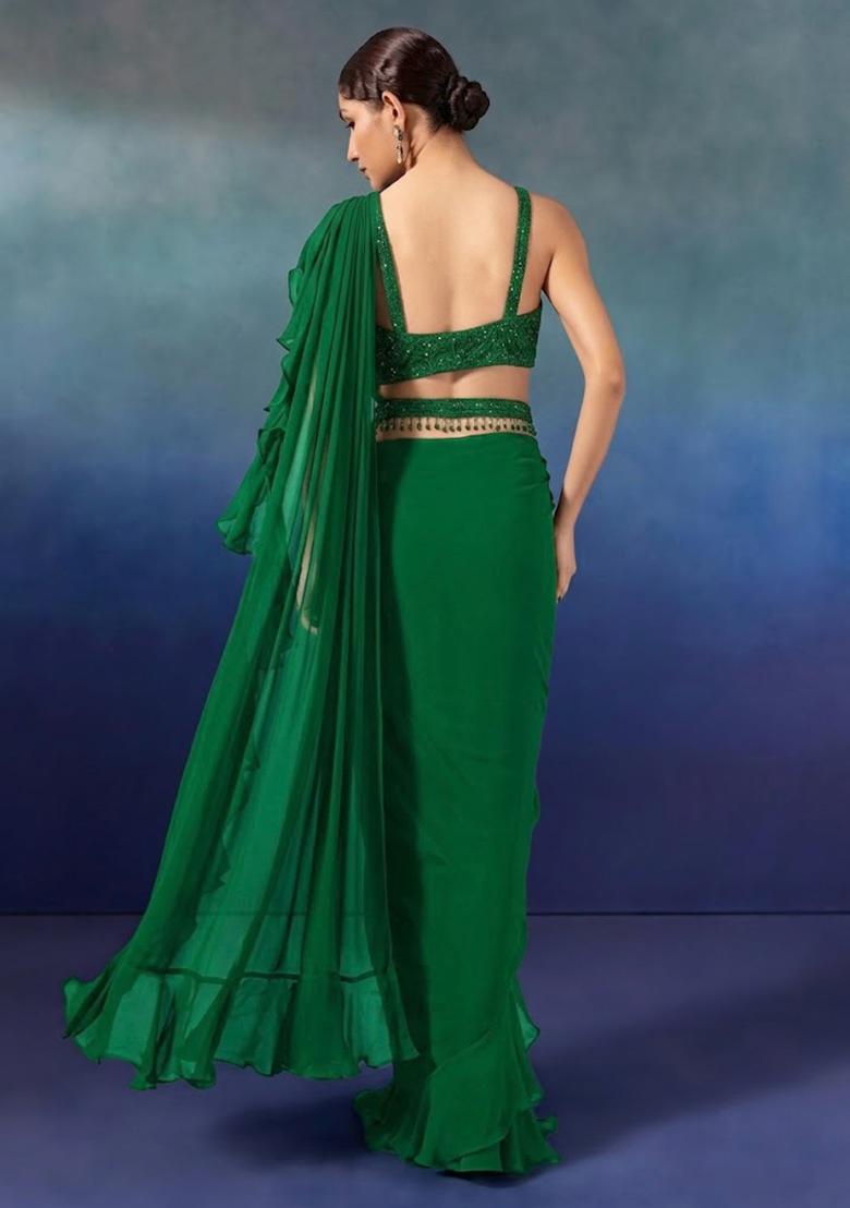 Green Embroidered Designer Pre Draped Saree Set - Indya