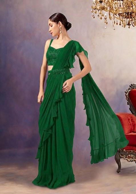 Green Embroidered Designer Pre Draped Saree Set