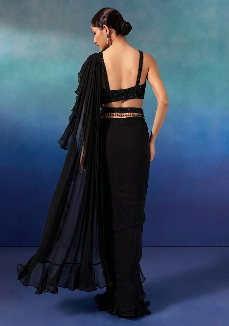 Black Embroidered Designer Pre Draped Saree Set - Indya