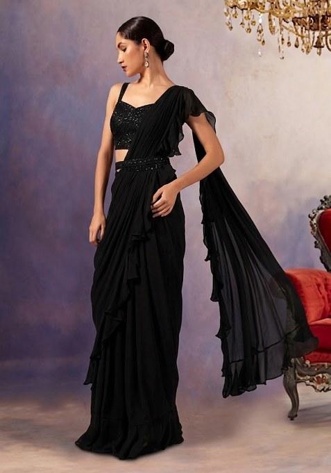 Black Embroidered Designer Pre Draped Saree Set