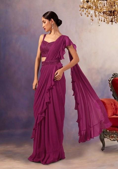 Magenta Haze Embroidered Designer Pre Draped Saree Set